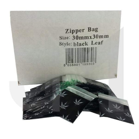 Zipper Branded 30mm x 30mm Black Leaf Bags - GU PAK
